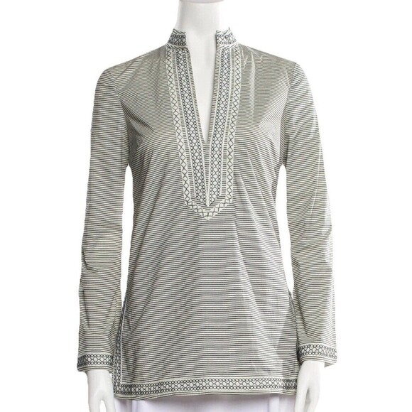 Tory Burch Navy White Tunic Sz 0 Embroidered Striped Side Zip Coastal Style - Picture 1 of 14